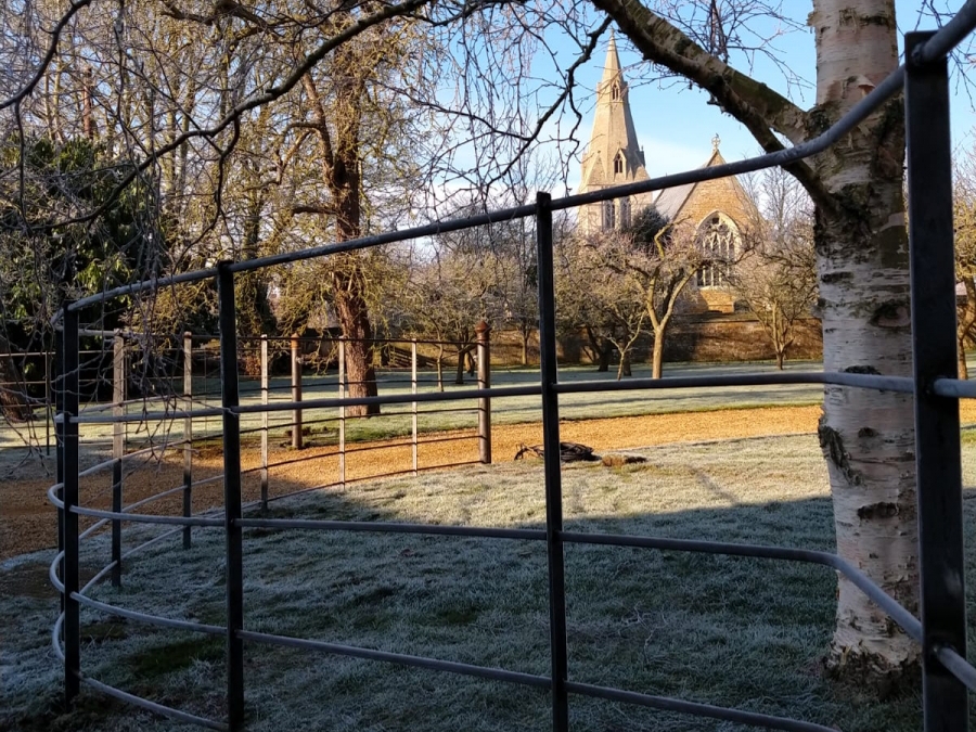 eb6c7c01c4e98e1f2578f9959463b973_XL metal fencing with trees, grass and church in distance